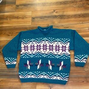 Vintage 80’s Gina Peters Teal  Sweater Snowflakes Christmas Winter size Medium